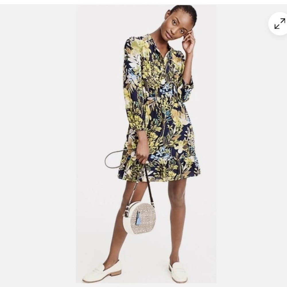 J.Crew‎ Womens Silk Floral Ruffle Hem Long Sleeve Mini Dress Navy Green Size M